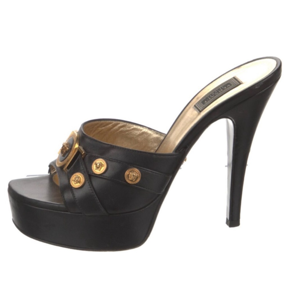 GIANNI VERSACE TRIBUTE MEDUSA BLACK LEATHER SLIDES HEELS Size 10 - Picture 3 of 13